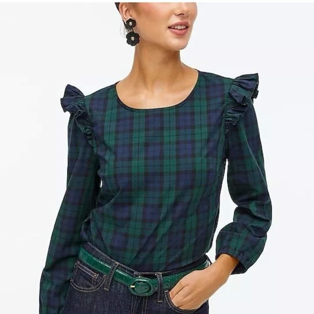 J.Crew Green Blue Plaid Ruffle Shoulder Blouse Long Sleeve Top Size S